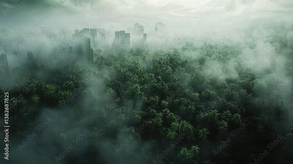 Ethereal metropolis: a cityscape shrouded in verdant jungle mist and mystery