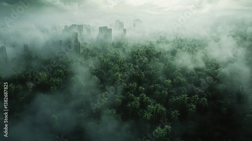 Obraz na płótnie Ethereal metropolis: a cityscape shrouded in verdant jungle mist and mystery w salonie