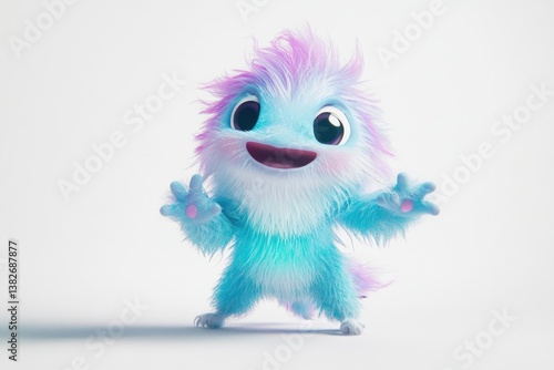 A cheerful, fluffy, light blue monster with pink hair waves hello.