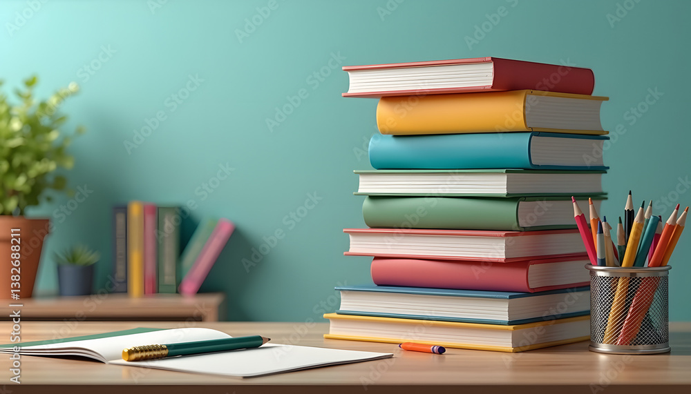 Stacked colorful books on a wooden desk against a teal wall Stacked colorful books on a wooden desk against a teal wall