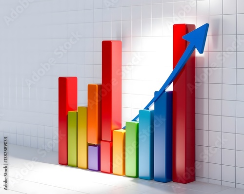 Financial Success and Market Growth - 3D Analytics Illustration, Colorful 3D Bar Chart with Upward Arrow - Business Growth Concept, Rising Graph with Increasing Trend - Economic and Sales Performance