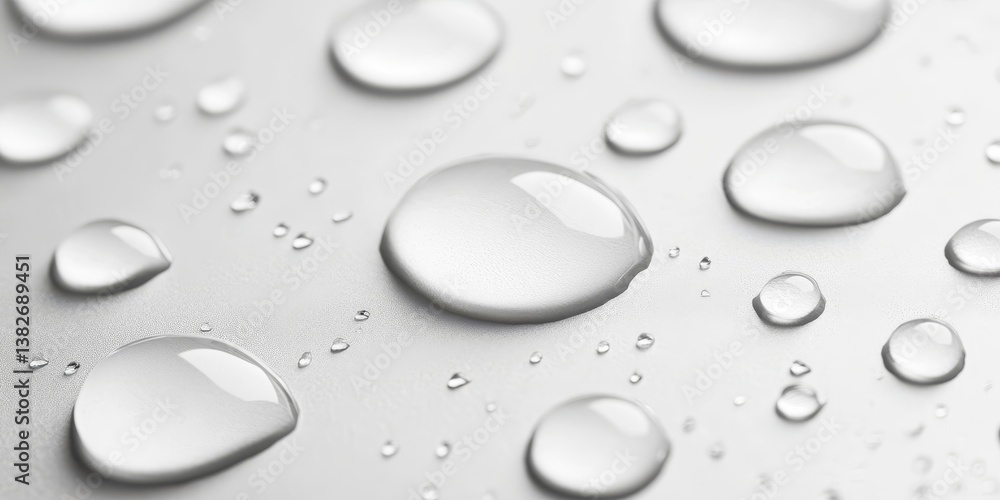 Water Drops on Metallic Surface, Hydrophobic Effect with Water Repellency, Close-Up View Water Drops on Metallic Surface, Hydrophobic Effect with Water Repellency, Close-Up View