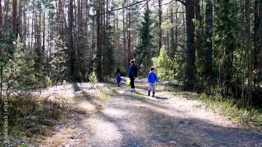 Exploring a peaceful forest trail with children in springtime sunlight Exploring a peaceful forest trail with children in springtime sunlight