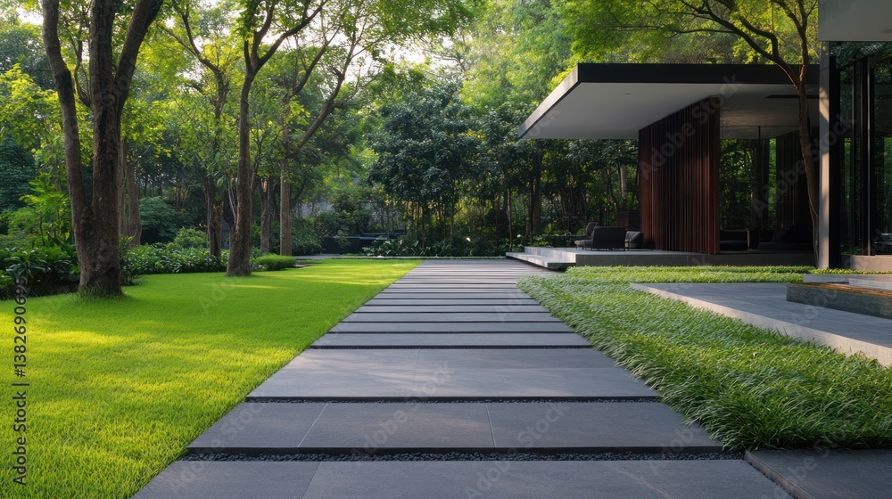Modern home exterior garden pathway, sunny day Modern home exterior garden pathway, sunny day