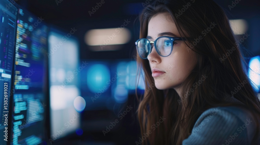 Focused Female IT Coder Working on Cybersecurity Hacking and AI Solutions Digital Software Focused Female IT Coder Working on Cybersecurity Hacking and AI Solutions Digital Software
