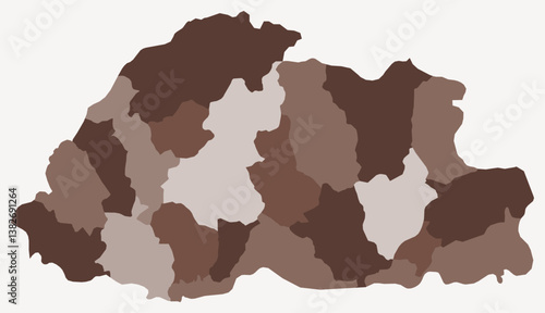 Map of Bhutan with regions. Just a simple country border map with region division. Brown color palette. Blank Kingdom of Bhutan shape with administrative division. Vector illustration.