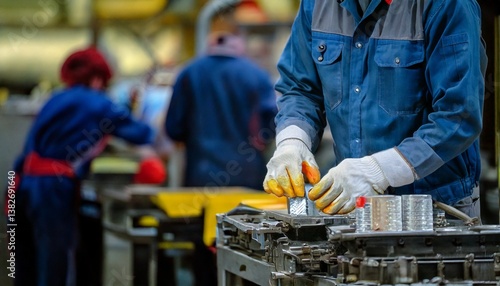 日本の製造現場で働く作業中の外国人