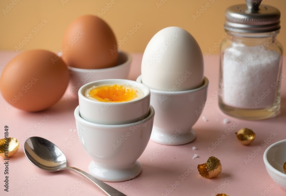 Soft-boiled eggs served in white egg cups with brown eggs and salt Soft-boiled eggs served in white egg cups with brown eggs and salt