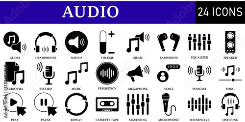 Set of Audio Icons or symbols Vector fully editable file.