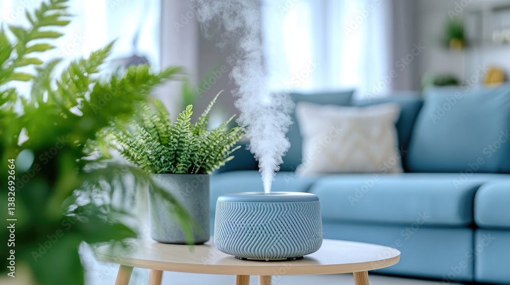 Fototapeta premium A stylish air diffuser releasing soothing steam in a cozy, bright room with a blue couch and greenery, enhancing the tranquil ambiance of the modern interior design