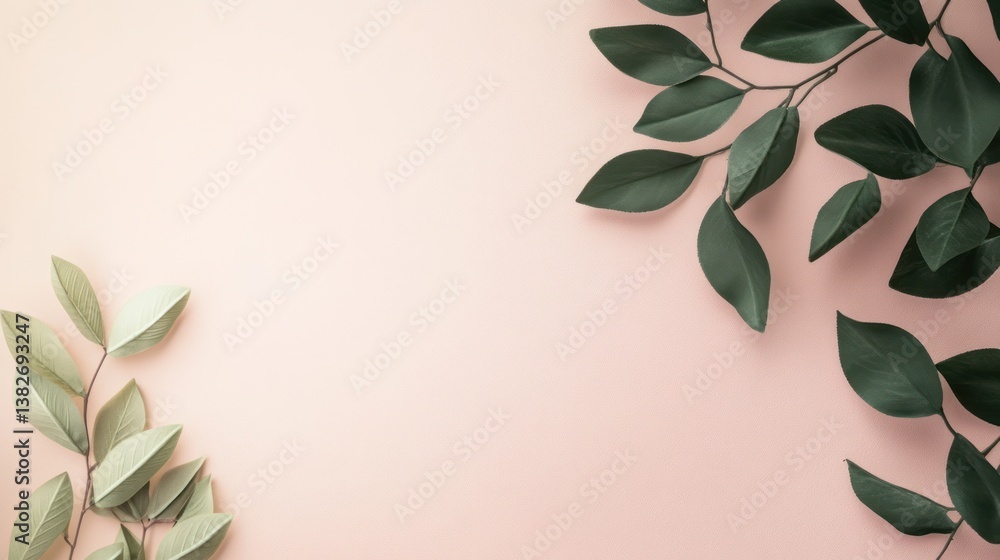 Pastel Pink Background with Green Leaves Pastel Pink Background with Green Leaves