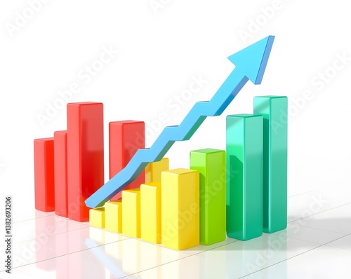 Financial Success and Market Growth - 3D Analytics Illustration, Colorful 3D Bar Chart with Upward Arrow - Business Growth Concept, Rising Graph with Increasing Trend - Economic and Sales Performance