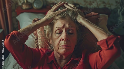 senior bed woman problem pain headache home elderly mature pain bedroom upset unhappy female caucasian adult relationship retirement old difficulty ache head sick migraine hangover sleep