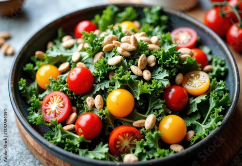 Obraz na płótnie Fresh kale salad with colorful cherry tomatoes and pine nuts w salonie
