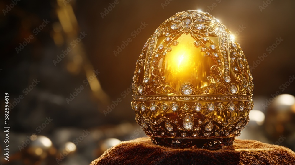 Opulent golden easter egg with intricate jeweled embellishments and luminous reflection