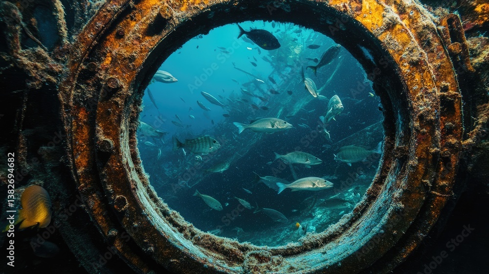 Fototapeta premium An underwater shot through a ship's porthole, showing fish swimming by, symbolizing the eerie beauty of a sunken vessel beneath the sea