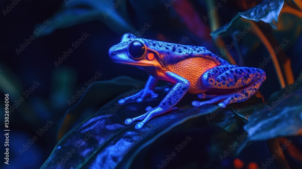 Bioluminescent amphibian: A vibrant neon frog resting on leaf in futuristic setting