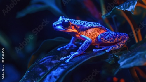 Obraz na płótnie Bioluminescent amphibian: A vibrant neon frog resting on leaf in futuristic setting w salonie