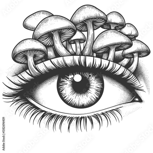 Psychedelic surreal illustration of a human eye with mushrooms sprouting from the eyelid, altered perception and imagination sketch engraving generative ai vector illustration. Black and white.
