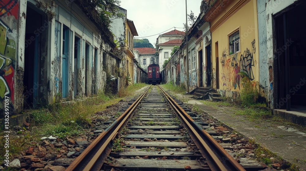 Old railway tracks and a forgotten train in Paranapiacaba historic district, surrounded by charming English-style buildings and an atmosphere of abandonment Old railway tracks and a forgotten train in Paranapiacaba historic district, surrounded by charming English-style buildings and an atmosphere of abandonment