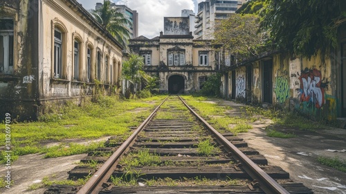Old railway tracks and a forgotten train in Paranapiacaba historic district, surrounded by charming English-style buildings and an atmosphere of abandonment