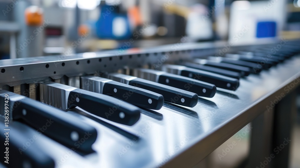 Fototapeta premium Sharp kitchen knives with sleek black handles moving along a conveyor belt in a factory, highlighting the precision and craftsmanship in the manufacturing process