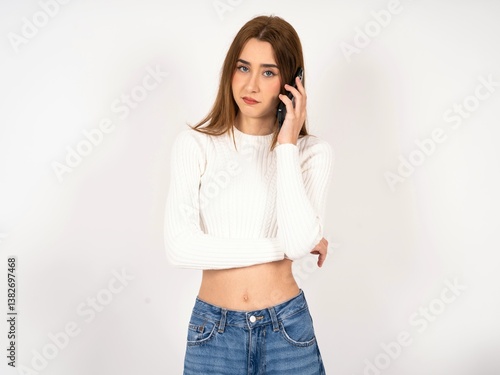Sad Caucasian young girl wearing white T-shirt talking on smartphone. Communication concept.