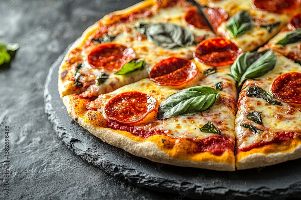 A freshly baked pizza adorned with pepperoni and basil leaves A freshly baked pizza adorned with pepperoni and basil leaves