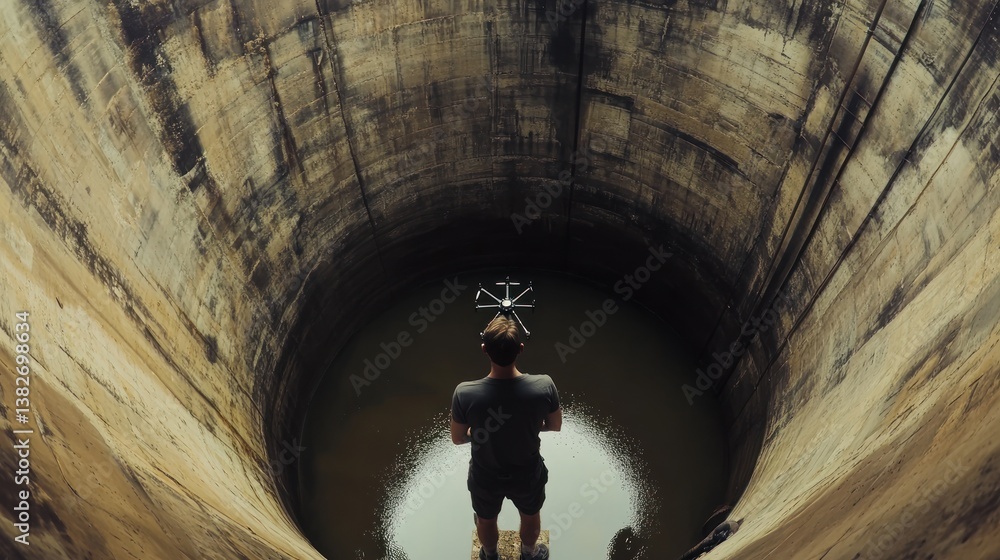 Drone operator controlling aircraft inside a large industrial structure well