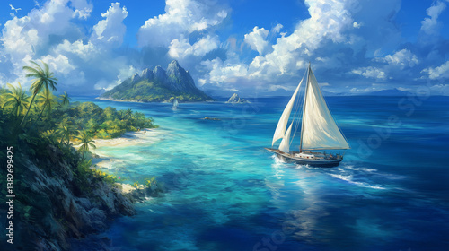 Sailboat by Tropical Island with Mountains