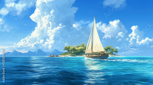 Sailboat by Tropical Island with Mountains