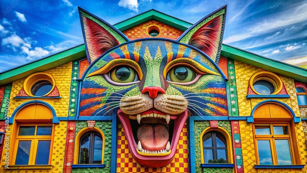 Happy Cat Head Architectural Design, Smiling Feline Building Facade, Cute Pet Home Decor Happy Cat Head Architectural Design, Smiling Feline Building Facade, Cute Pet Home Decor