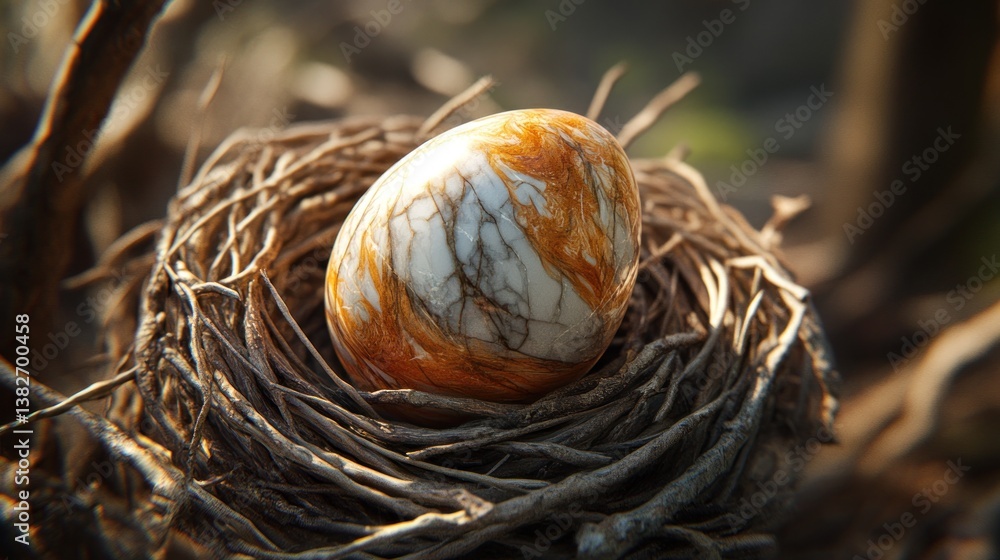 Elegant marbled easter egg nestled in rustic bird's nest, evoking natural spring