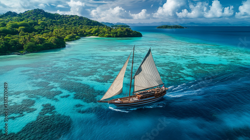 Sailboat by Tropical Island with Mountains