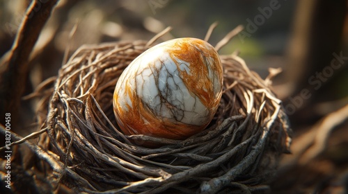 Obraz na płótnie Elegant marbled easter egg nestled in rustic bird's nest, evoking natural spring w salonie