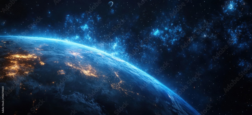 Asteroid collision with Earth, bathed in orange light, surrounded by dark clouds and blue lights in outer space, illustrating a cosmic disaster Asteroid collision with Earth, bathed in orange light, surrounded by dark clouds and blue lights in outer space, illustrating a cosmic disaster