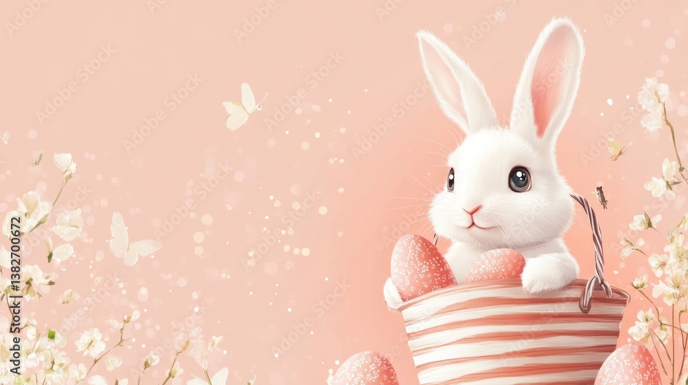 Delicate Easter scene of a charming bunny with striped basket and floral accents