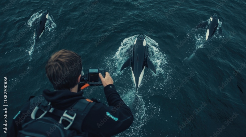 Orca documentation aerial view of killer whales pod photographer in action