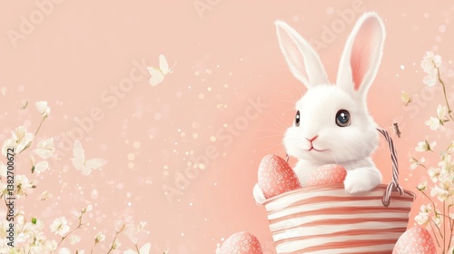 Obraz na płótnie Delicate Easter scene of a charming bunny with striped basket and floral accents w salonie