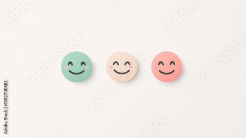 A smiling face of outstanding quality is shown on green paper, accompanied by a speech bubble, set against a pink background, representing a satisfaction survey with a favorable feedback rating and