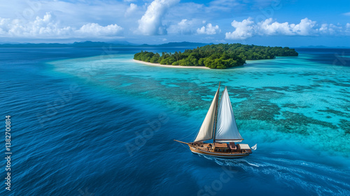 Sailboat by Tropical Island with Mountains