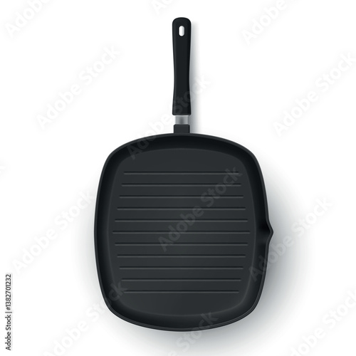 Illustration of a square grill pan with a ribbed surface, viewed from above, ideal for cooking meat or vegetables.