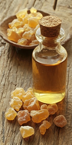 Obraz na płótnie Golden Essential Oil in Glass Bottle With Resin on Rustic Background, Aromatherapy and Skincare w salonie