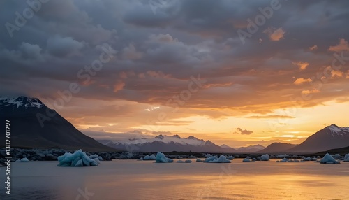 Scenic Sunset View of Jokulsarlon Lagoon in Iceland Against a Vibrant Sky