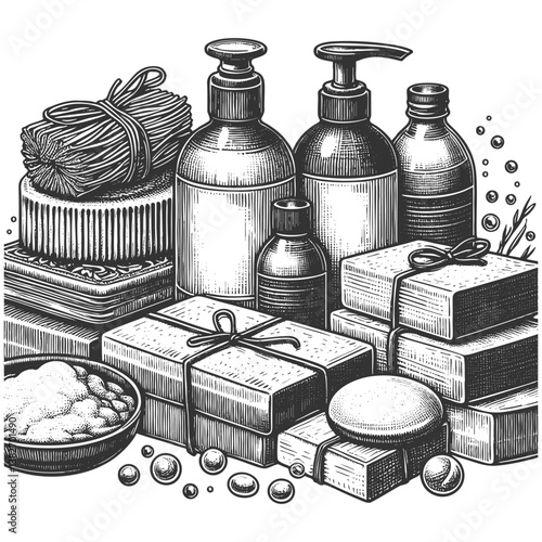 soap bar, pump dispenser, citrus fruits, and leaves, representing natural skincare and hygiene sketch engraving generative ai vector illustration. Scratch board imitation. Black and white image.