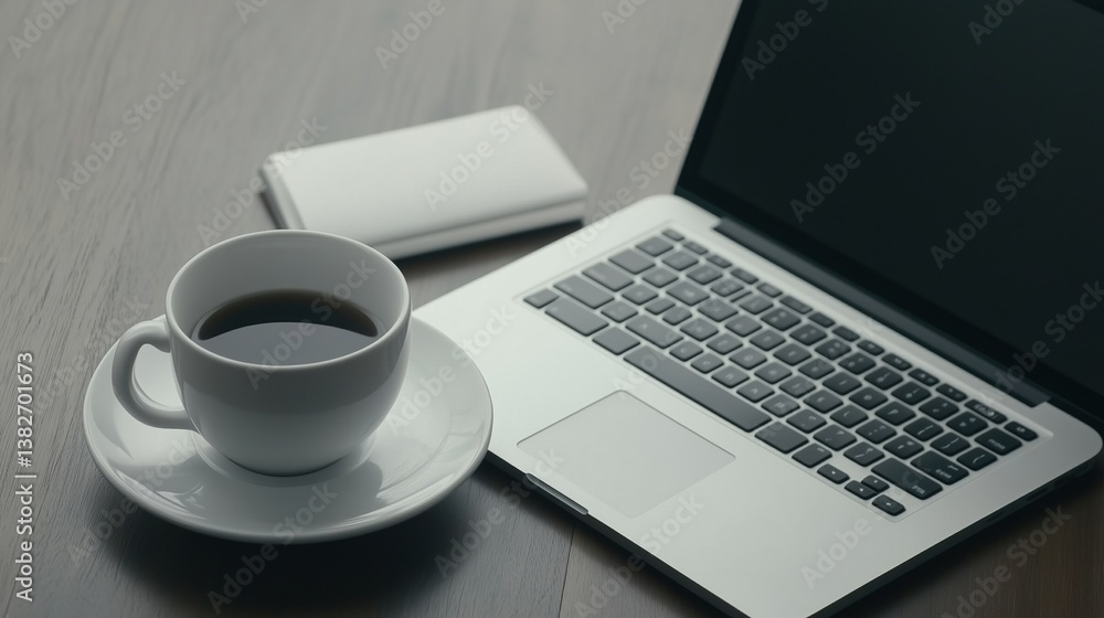 Minimalist workspace with coffee cup and laptop on table Minimalist workspace with coffee cup and laptop on table