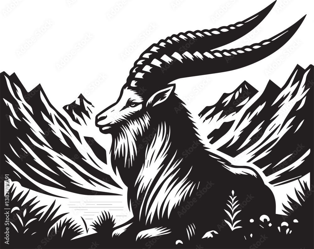 Obraz premium Markhor vector in black and white