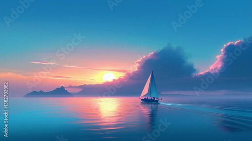 Sailboat by Tropical Island with Mountains