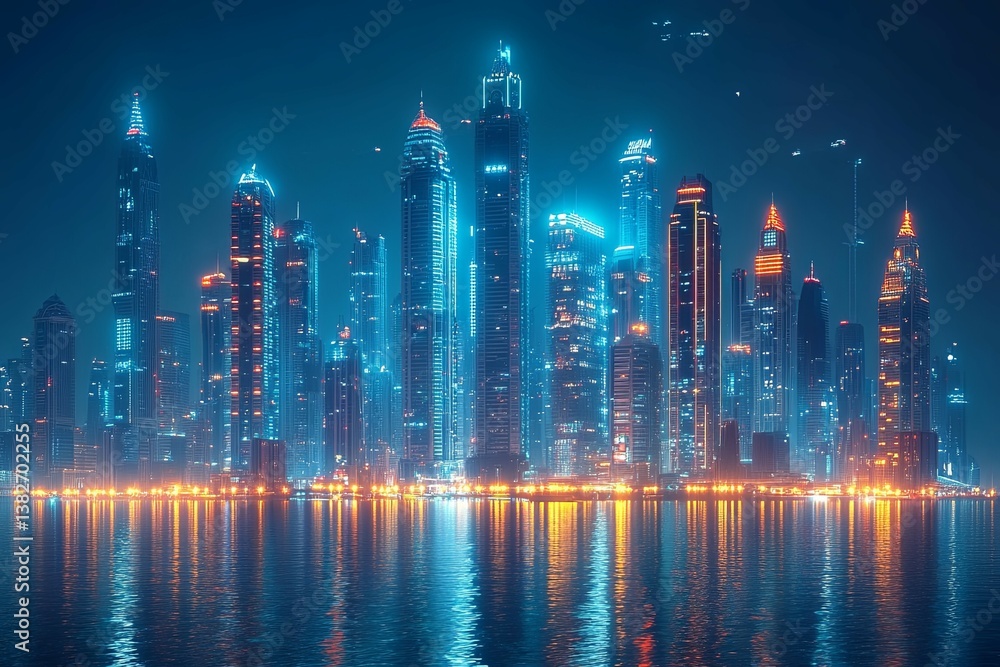 Illuminated skyscrapers reflect brilliantly in the calm waters at night Illuminated skyscrapers reflect brilliantly in the calm waters at night