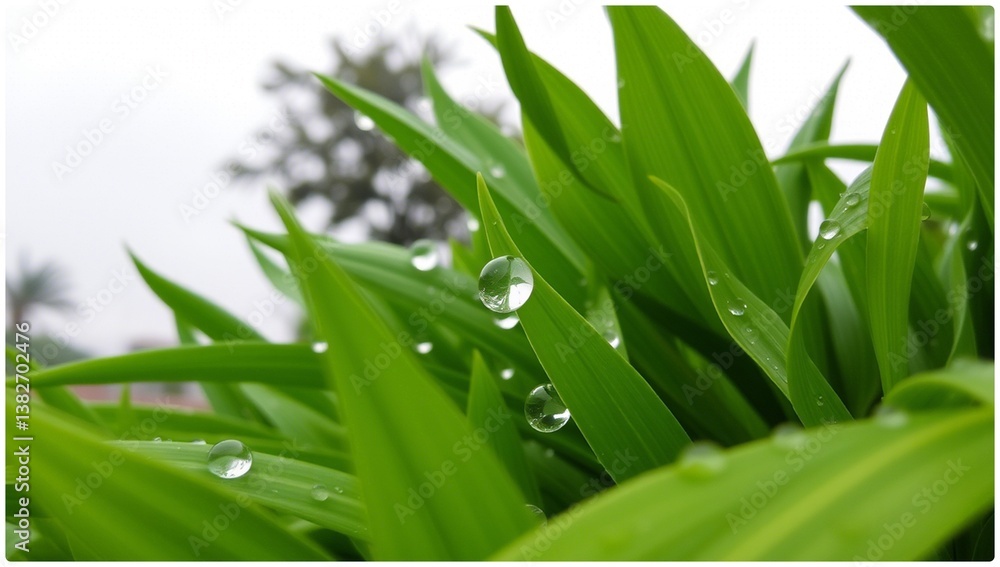 Fototapeta premium Macro dew drops cling to bright green grass blades, a fresh spring closeup